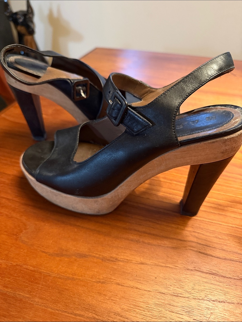 Marni Black Leather Platform Slingback Heels with Wood-Tone Platform